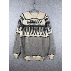 Vintage 80s 90s 100% Alpaca Wool Crew Neck Sweater Cream / Greyish Blue Size L
